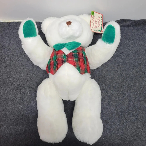"Vintage T.L. Toys Loveable Holiday Friends Christmas Bear White Plush Male Bear - Picture 2 of 15
